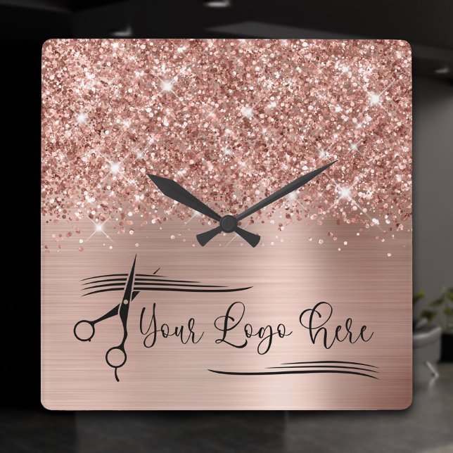 Din Logotyp Glittery Ro Guld Glam Fyrkantig Klocka (Rose Gold Glitter and Foil Logo Square Wall Clock)