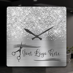 Din Logotyp Glittery Silver Glam Fyrkantig Klocka
