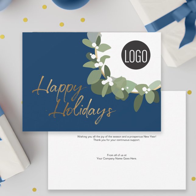 Din Logotyp guld Glad helg Blue Julkort (Business holiday card in blue and gold with logo and message.)