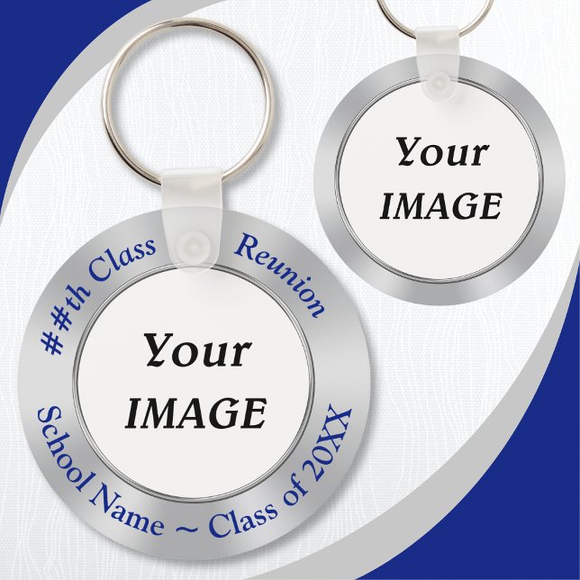 Din Logotyp och text, klassåterunionsknappar Nyckelring (Photo Class Reunion Party Favors. Class reunion souvenirs. Cheap Class Reunion Keychains with Photos)