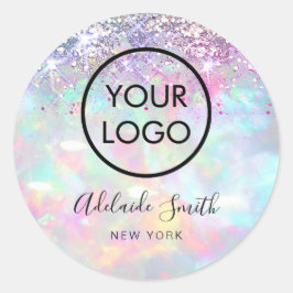 din logotyp på faux glitter opal runt klistermärke