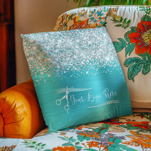 Din Logotyp Silver Glitter Turquise Blue Glam Kudde