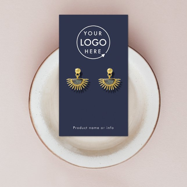Din Logotyp | Visning för marinblå modern avbildni Visitkort (Modern sleek navy blue earring display card by Guava - clean, stylish, and customizable)