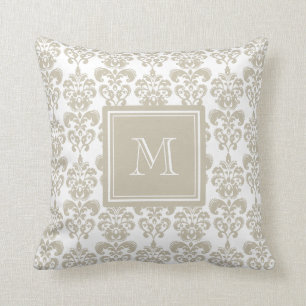 Din Monogram, beige damastast mönster 2 Kudde