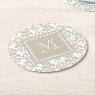 Din Monogram, beige damastast mönster 2 Underlägg Papper Rund