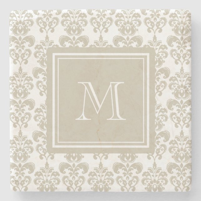 Din Monogram, beige damastast mönster 2 Underlägg Sten (Framsidan)