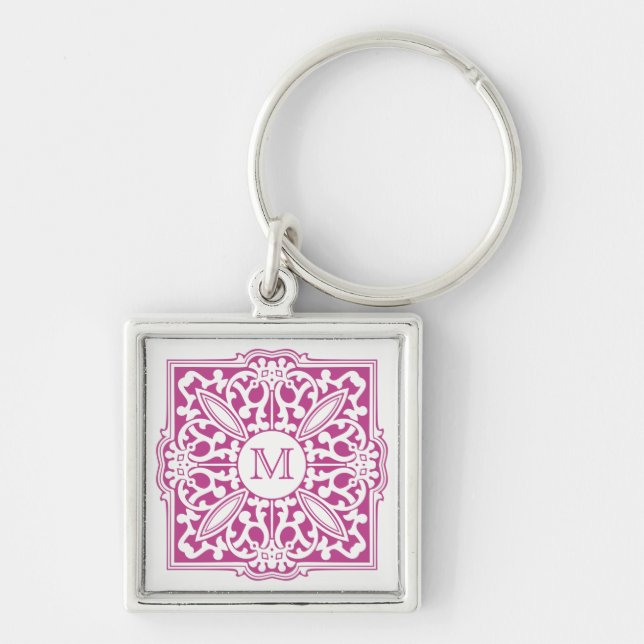 DIN MONOGRAM i den dekorativa nyckelringen ram Fyrkantig Silverfärgad Nyckelring (Framsidan)