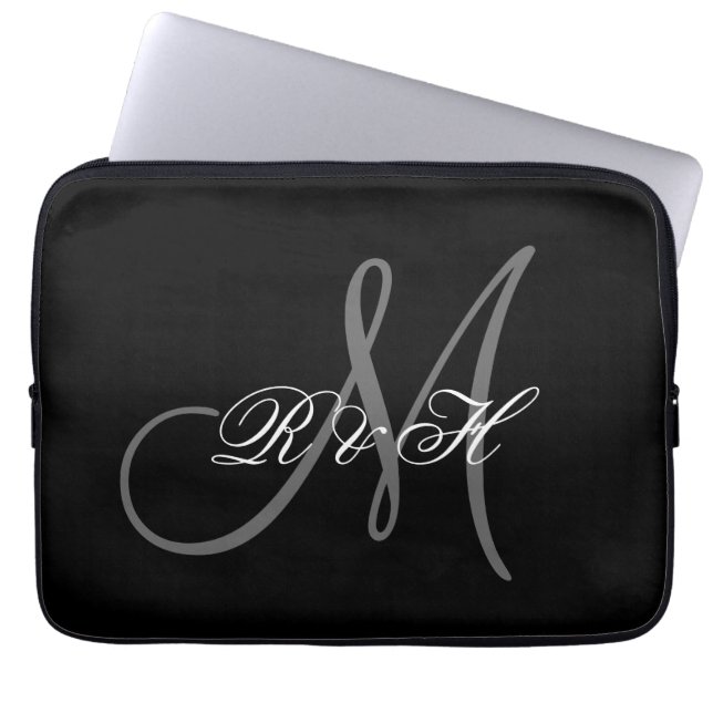 DIN MONOGRAM INITIALER | ENKEL SVART GRÅTT LAPTOP SLEEVE (Framsidan)