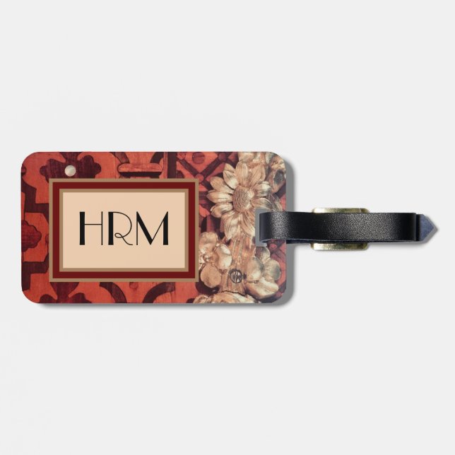 Din Monogram, inlagda trä & guldblommigt avbildar Bagagebricka (Baksida Vågrät)