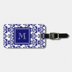 Din Monogram, marinblått damastast mönster 2 Bagagebricka