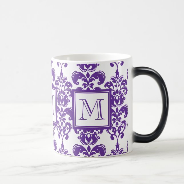 Din Monogram, mörkt purpurfärgat damastast mönster Magisk Mugg (Höger)