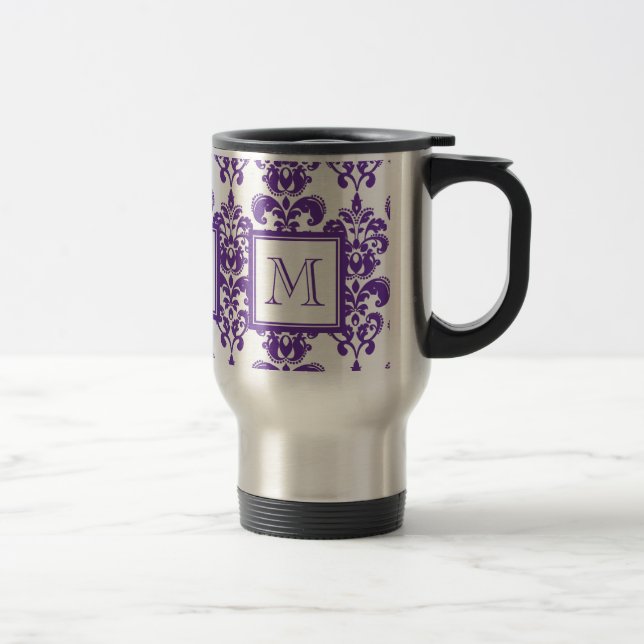 Din Monogram, mörkt purpurfärgat damastast mönster Resemugg (Höger)