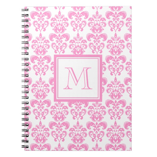Din Monogram, rosa damastast mönster 2 Anteckningsbok Med Spiral (Framsidan)