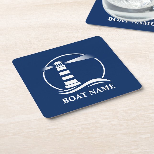 Din Namn Classic Lighthouse Navy Blue Underlägg Papper Kvadrat (Vinklad)