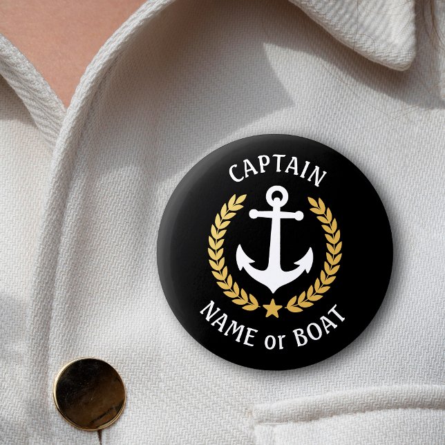 Din Namn-kapten Anchor Guld Laurel Black Knapp (Several sizes and shapes to choose from.)