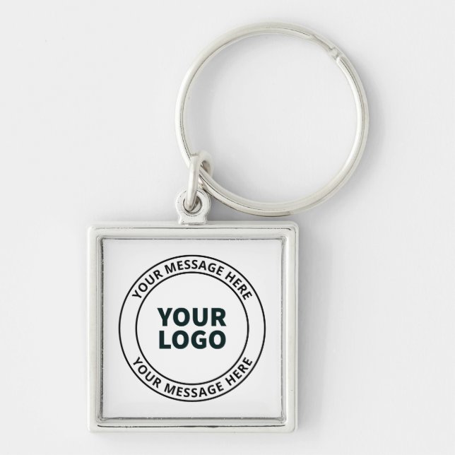 Din överförda Logotyp + redigerbar cirkulär text Fyrkantig Silverfärgad Nyckelring (Framsidan)