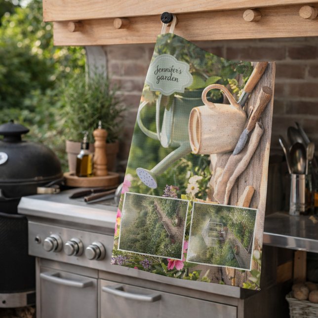 Din personliga kaffe före trädgårds fotografering kökshandduk (Your personal coffee before gardening photo kitchen towel. Add your own photos and name.)