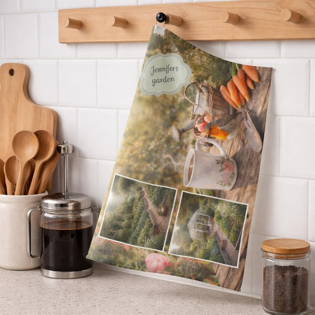 Din personliga kaffe före trädgårds fotografering kökshandduk (Your personal coffee before gardening photo kitchen towel. You can add your own photos and name.)