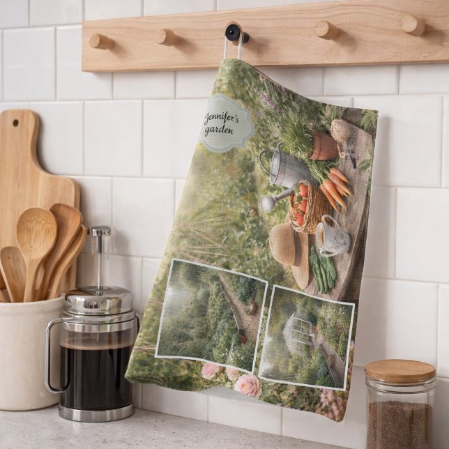 Din personliga kaffe före trädgårds fotografering kökshandduk (Your personal coffee before gardening photo kitchen towel. You can add your own photos and name.)