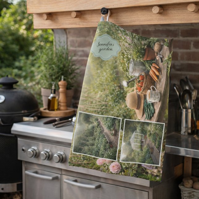 Din personliga kaffe före trädgårds foton kökshandduk (Your personal coffee before gardening photo kitchen towel. You can add your own photos and name.)