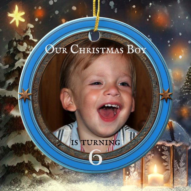 Din Photo Blue Barns födelsedag-jul Julgransprydnad Keramik (Christmas birthday child photo metallic blue holiday ornament)