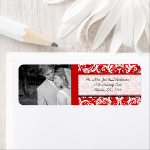 Din Photo Bröllop Vintage Red Damask Returadress Etikett