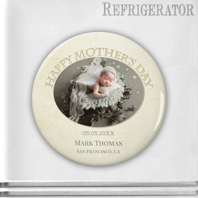 Din Photo Elegant Mors dag Magnet (Elegant magnet with your photo on a pale beige with gold stylized design - new mom - Mother's Day)