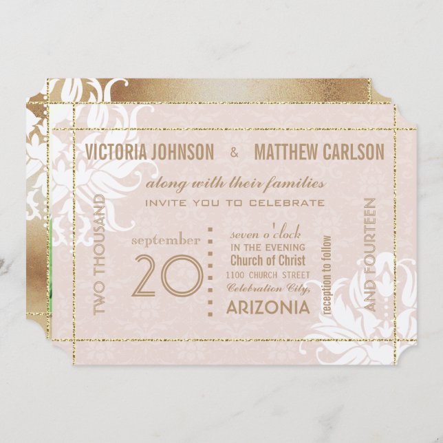 Din Photo Guld Ro Damask Blommigt Bröllop Inbjudningar (Fram/baksida)
