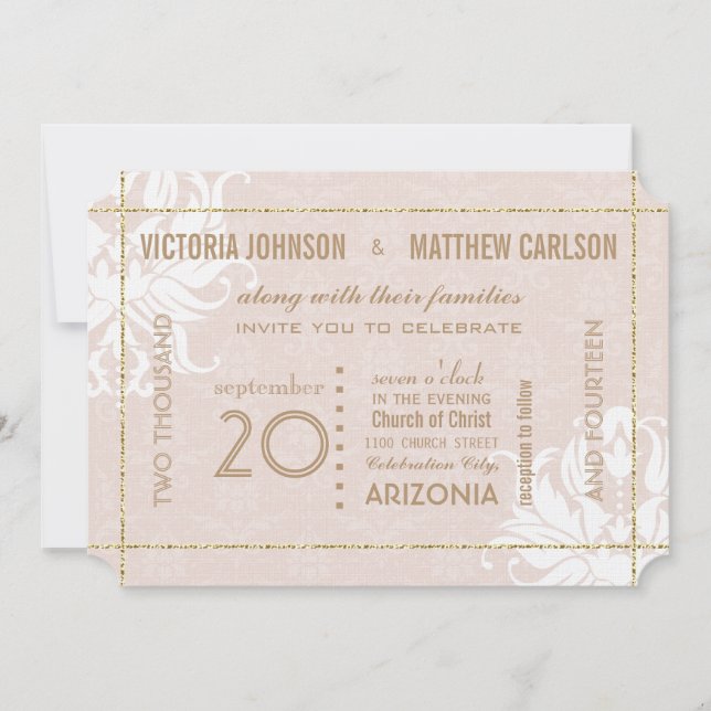 Din Photo Guld Ro Damask Blommigt Bröllop Inbjudningar (Framsida)