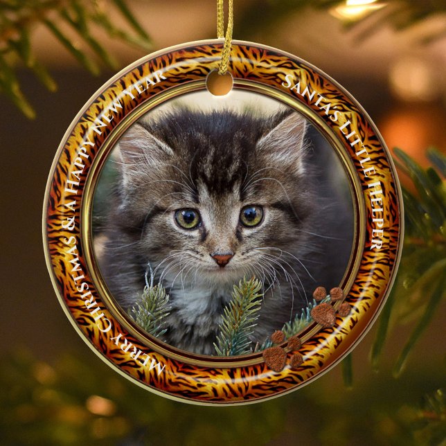Din Photo Kattunge Keepsakjul Julgransprydnad Keramik (Christmas ornament featuring a photo of your own kitty (optional) framed by a tiger fur print border)