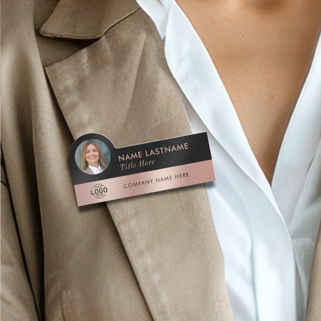 Din Photo Logotyp Sleek Faux Ro Guld Black Snyggt Namnbricka (Skapare uppladdad)