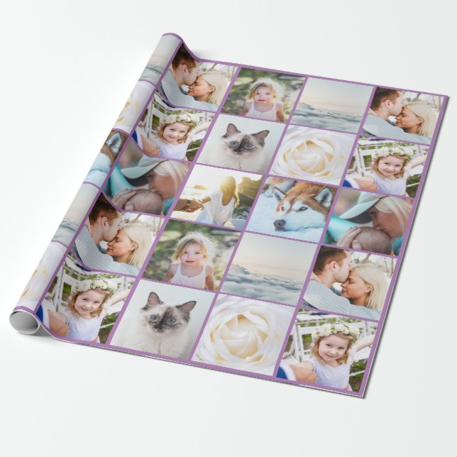 Din Photos Anpassningsbar Collage Modern Lavender Presentpapper (Utrullad)