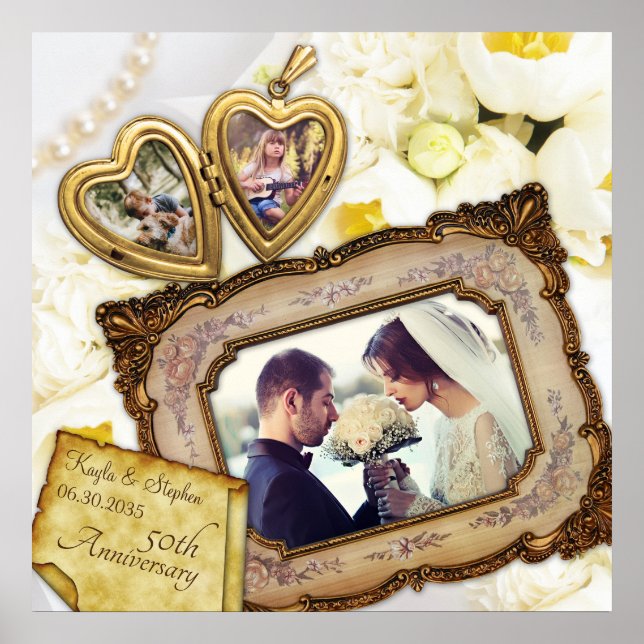 Din Photos Heart Locket Antique Ram-årsdag Poster (Framsidan)