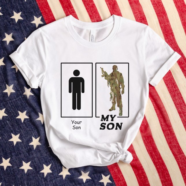 Din son Min son Camo Soldier Funny Militärförälder T Shirt (Funny Your Son, My Son camo solider USA Military parent white t-shirt, Air Force Mom Dad, Army, Navy)