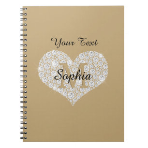 Din text, Diamond Heart, Guld Monogram, Namn Anteckningsbok