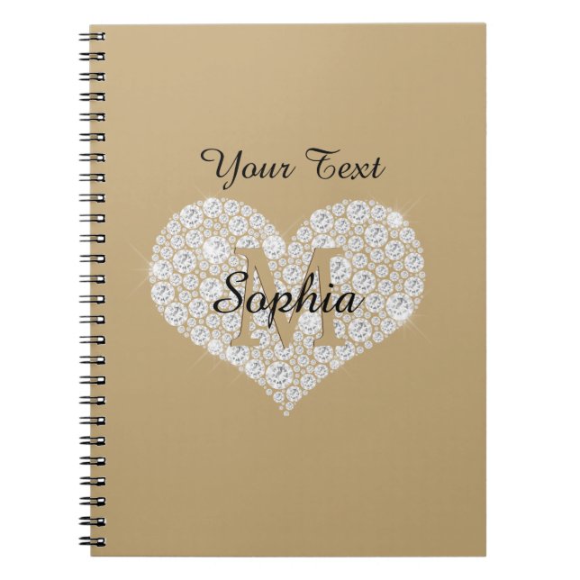 Din text, Diamond Heart, Guld Monogram, Namn Anteckningsbok (Framsidan)