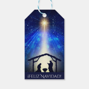 Din text Feliz Navidad Blue Natiativitetshjul Presentetikett