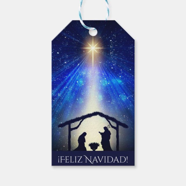 Din text Feliz Navidad Blue Natiativitetshjul Presentetikett (Framsidan)
