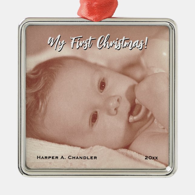 Din text och Baby-foto Min första jul Julgransprydnad Metall (Framsidan)