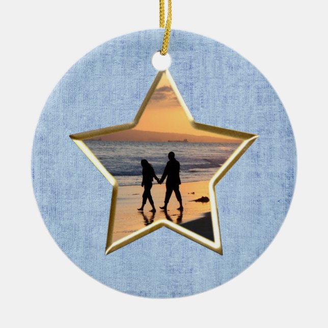 Din text och ditt foto: Blue Star Shape Bild Ram Julgransprydnad Keramik (Framsidan)