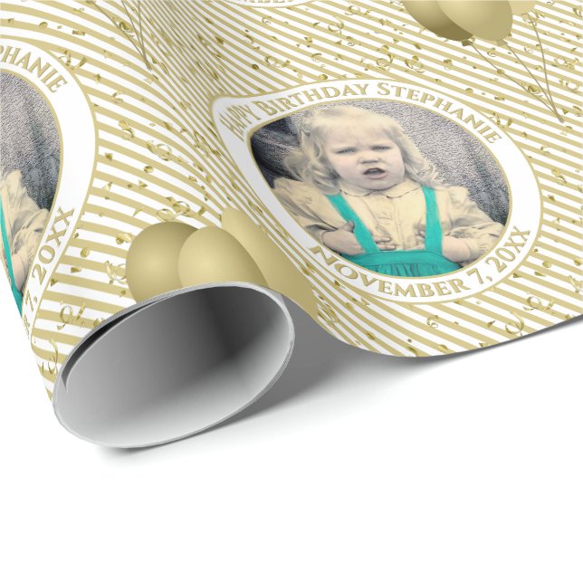 Din text.Photo Guld/White Simple Rand Mönster Presentpapper (Rullad Hörn)