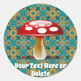 Din text Retro Teal Grönt & Red Amanita Mushroom Runt Klistermärke