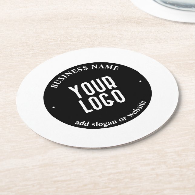 Din text & uppladdad logotyp | Redigerbar svart &  Underlägg Papper Rund (Vinklad)