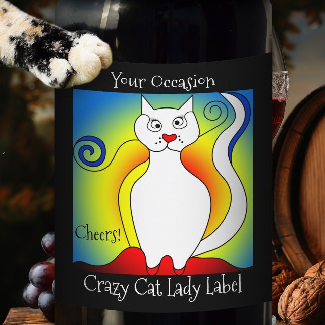 Din Tillställning Galen Kattdam Vin Etikett (Whimsical wine label featuring a Mondriaan inspired cat in primary colors)