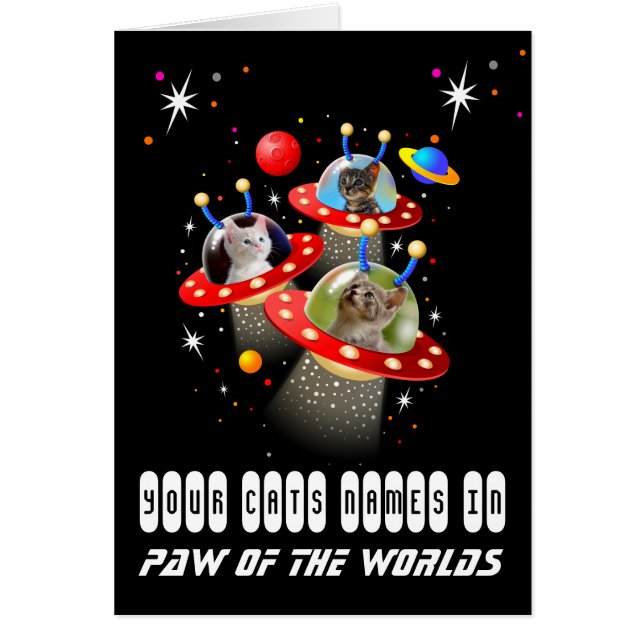 Dina 3 katter i en UFO Sci Fi-scen i Alien Spacesh Hälsningskort (Framsidan)