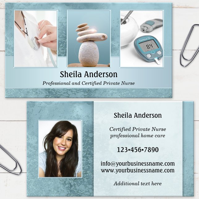 Dina 4 bilder privata sjuksköterska hälsa visitkor visitkort (Business card featuring your photos framed by an elegant blue design - medical professional - nurse)