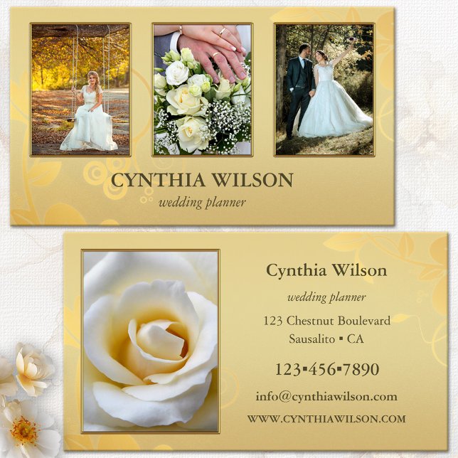 Dina 4 foton Elegant Guld Bröllopsplanerare Visitkort (Wedding planner business card featuring 4 custom photos framed by an elegant floral gold design)