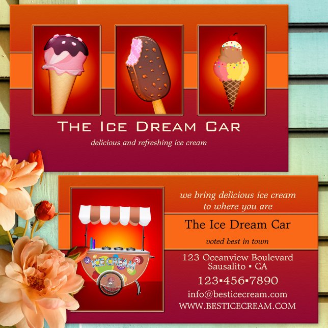 Dina 4 foton Öga som fångar iskräm Visitkort (Ice cream business card featuring your custom photos framed by bold colored red-orange)