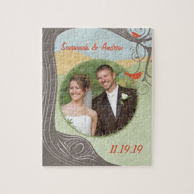 Dina Bröllop-foto-cute-träbetsfåglar i Träd Pussel (Vertikal)