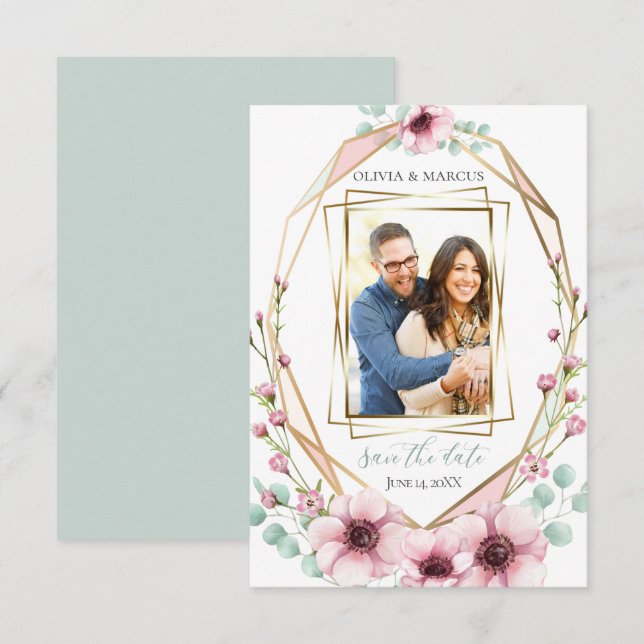 Dina Foto Rosa Anemone Blommor Eukalyptus Inbjudningar (Fram/baksida)